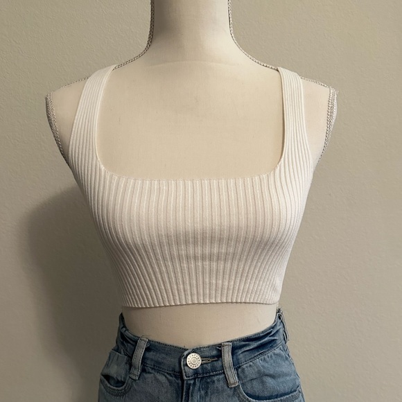 White Ribbed Crop Top with Cross Back and Tie Size Small - Picture 2 of 5